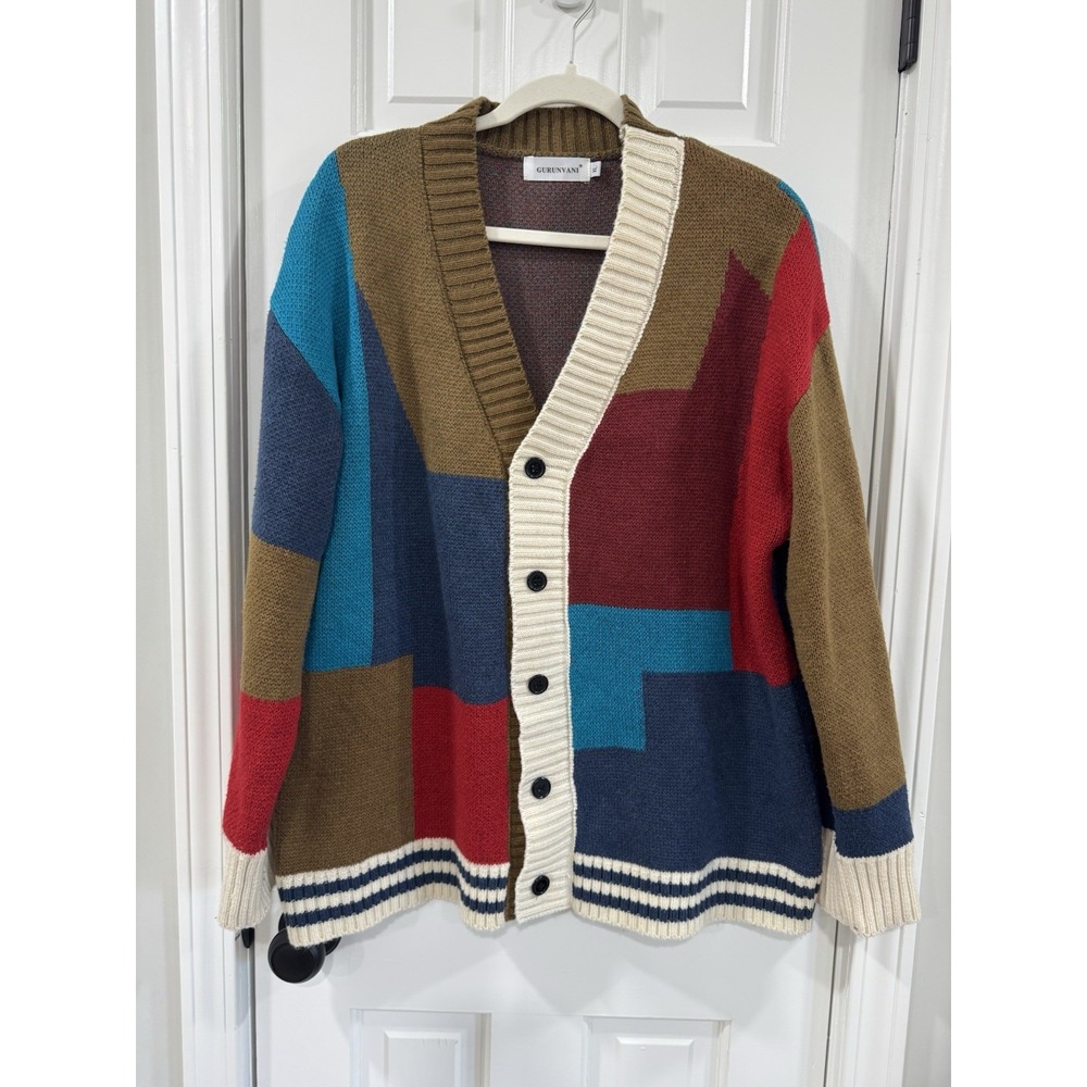 Gurunvani Mens XL Colorblock Grandpa Cardigan Sweater Retro Preppy Knit